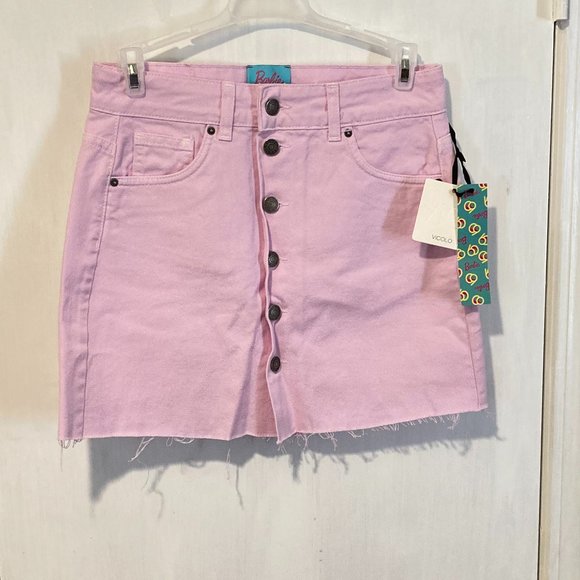 Barbie x Vicolo women's S pocketed six button fly cotton frayed hem mini skirt